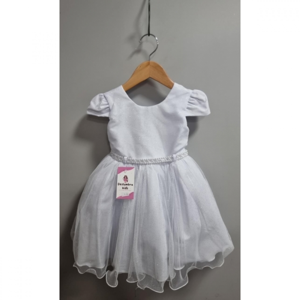 Vestido Infantil Branco Cinto de Pérolas Batizado Festas