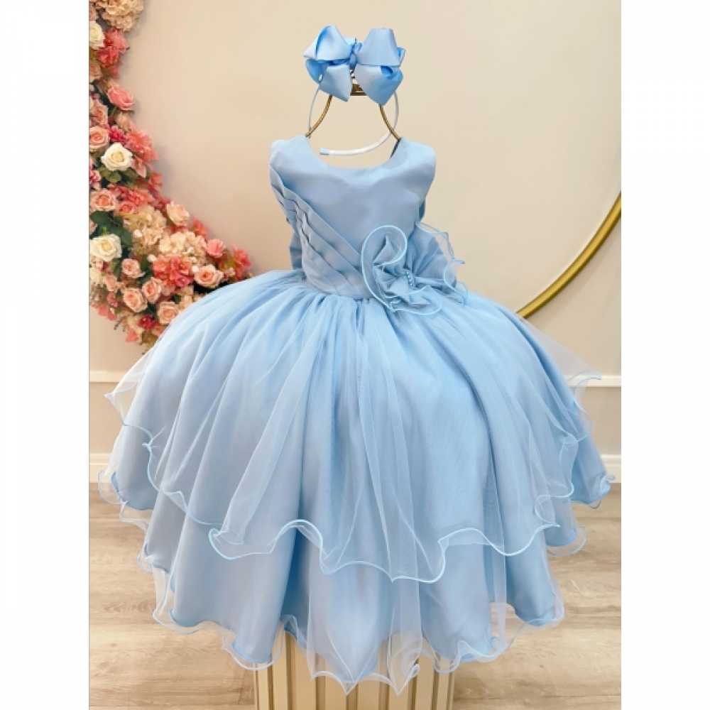 Vestido Infantil Azul Busto Drapeado Aplique de Laço Damas