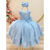 Vestido Infantil Azul Busto Drapeado Aplique de Laço Damas