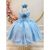 Vestido Infantil Azul Busto Drapeado Aplique de Laço Damas
